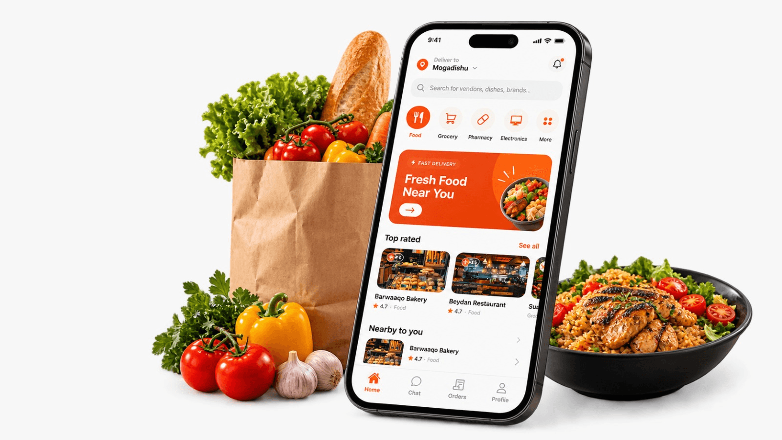 Kudhan mobile app displaying nearby restaurants, groceries, and delivery services